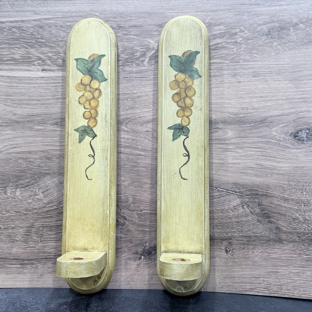 Vintage Hand‎ Painted Wooden Wall Sconces Set of 2 Grapevine Country Cottage